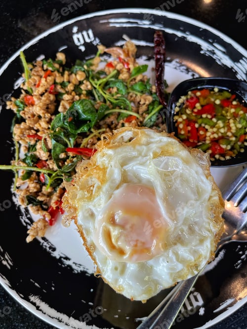 Preview: Rice topped with stir-fried pork and basil, Rice topped with stir fried minced pork and basil with F