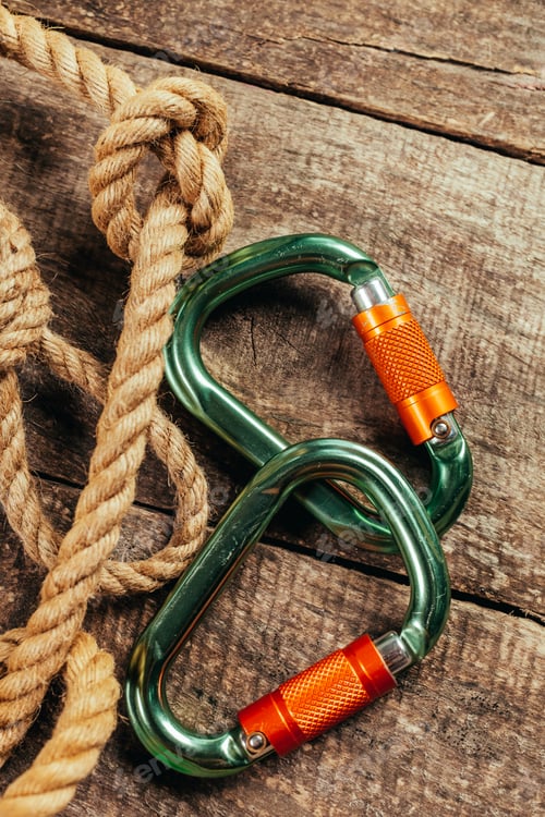 Preview: Climbing rope and carabiner on wooden board