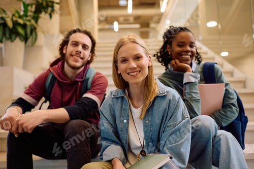 Preview: Multiracial group of happy college friends looking at camera.