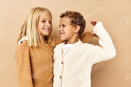 Preview: boy and girl hugs laughter friendship isolated background