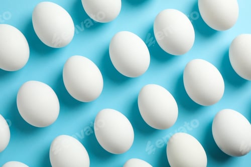 Preview: Flat lay composition with chicken eggs on color background, space for text