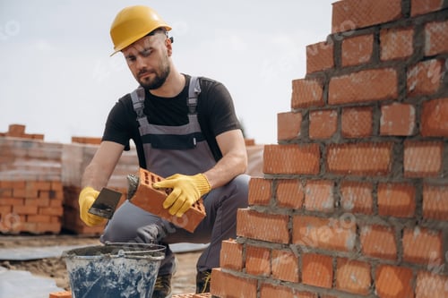 Preview: Sitting and building the foundation. Construction worker is at job with bricks outdoors