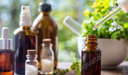 Preview: Herbal medicine, alternative heal. Nature pharmacy and homeopathy. Fresh herb in a mortar on table
