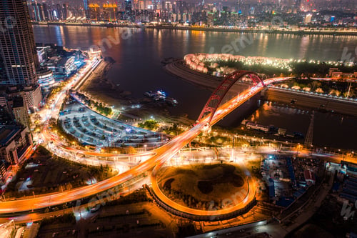 Preview: Aerial shot of the cityscape of Wuhan at nighttime, China.