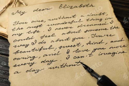 Preview: Old letter with text and pen on wooden background, close up