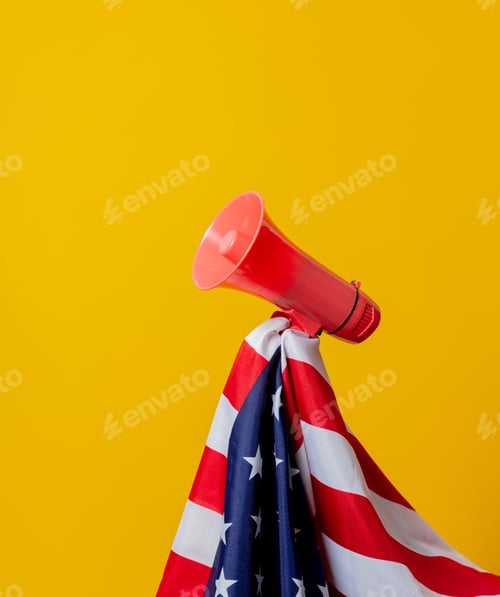 Preview: USA flag and megaphone on yellow background