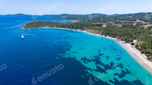 Preview: Aerial drone view of Port Glarokavos and lagoon beach in Kassandra penisula Chalkidiki Greece