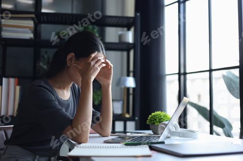Preview: Beautiful women working in office, feeling sick and headache.