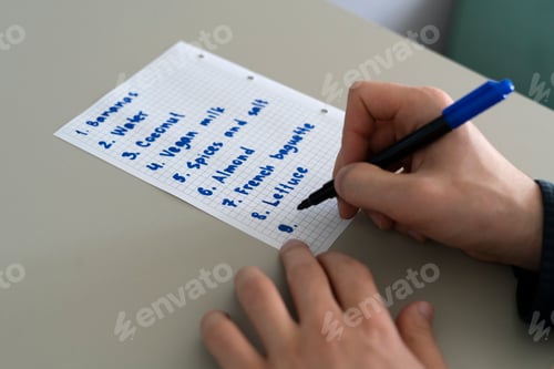 Preview: writing shopping list on the paper, buying reminder