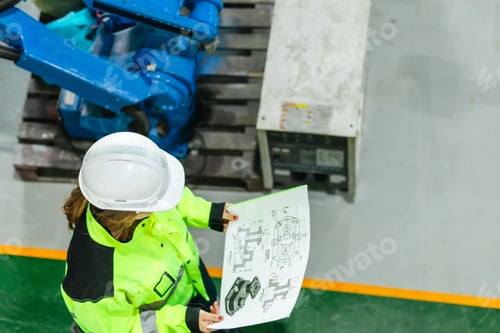 Preview: Engineer Reviewing Blueprint in Robotic Facility