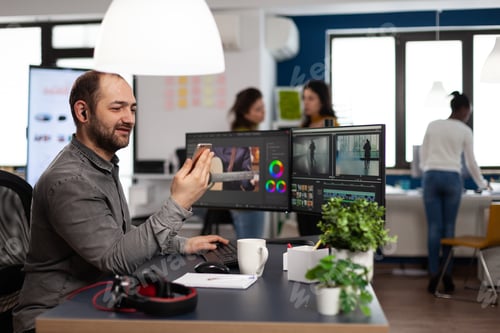 Preview: Multimedia creator artist talking on videocall with client