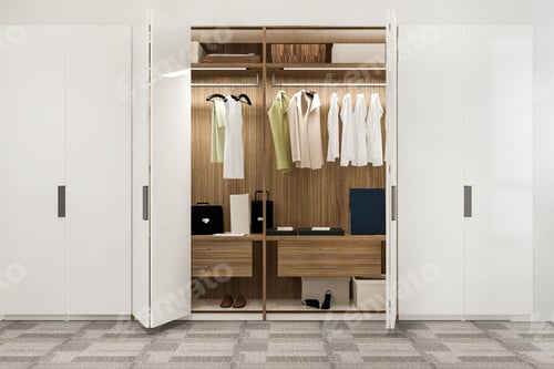 Preview: modern white scandinavian wood walk in closet with wardrobe