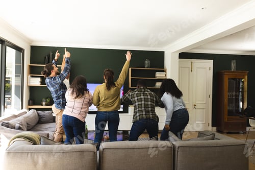 Preview: Excited diverse male and female friends watching sport on tv at home