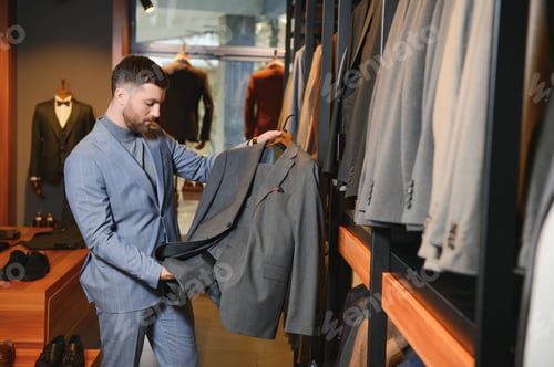 Preview: Businessman in classic vest against row of suits in shop