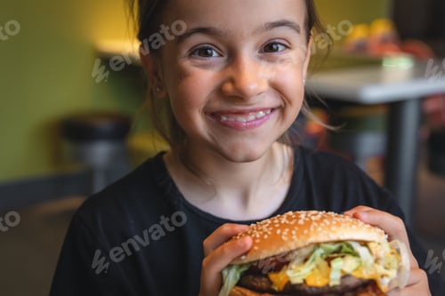 Preview: A little girl eats an appetizing burger, close-up.
