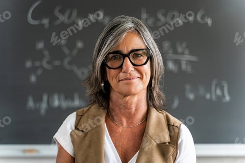 Preview: Mature female professor standing at college classroom looking at camera