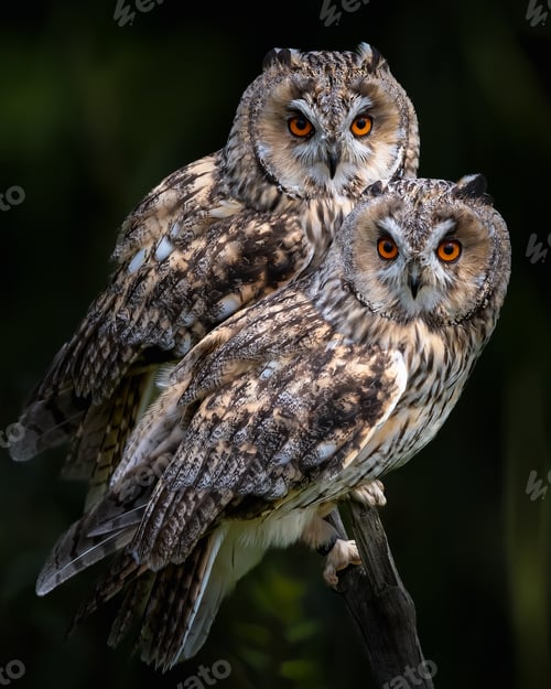 Preview: Two long-eared owls (Asio otus) sitting on tree branch on a blurry background