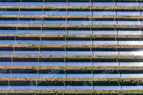 Preview: Solar panels power plant drone aerial top view. Alternative green energy generation concep