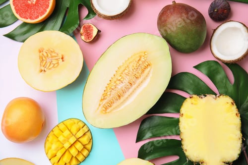 Preview: Flat lay composition with melon and other fruits on color background