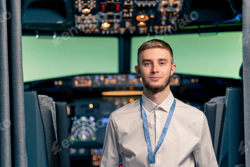 Preview: Portrait of smiling plane captain in uniform preparing flight in flight simulator cockpit