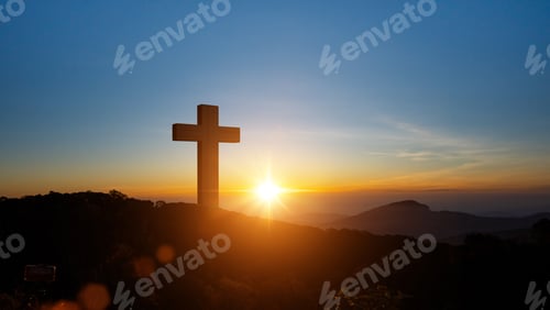 Preview: Silhouettes of Christian cross symbol on top mountain at sunrise sky. Crucifixion Of Jesus Christ.
