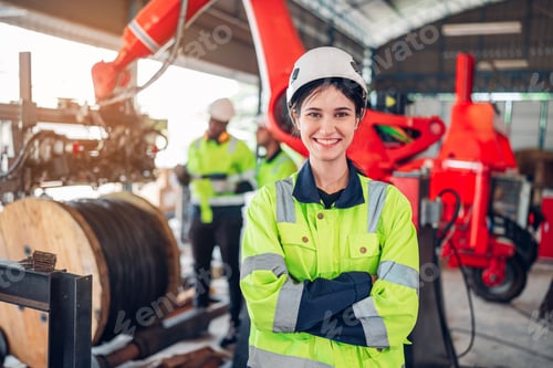 Preview: Portrait of female automation engineer standing in modern industrial factory.