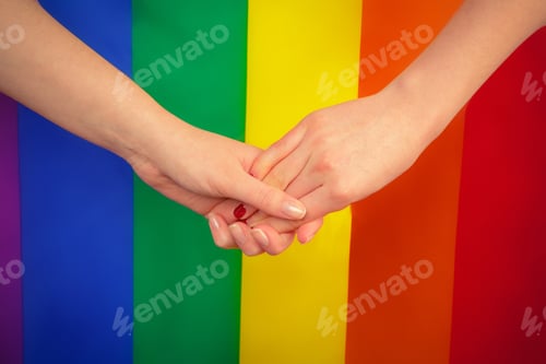 Vista previa: Young lesbian couple on color background. creative photo