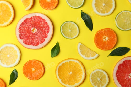 Preview: Ripe citrus slices and leaves on yellow background