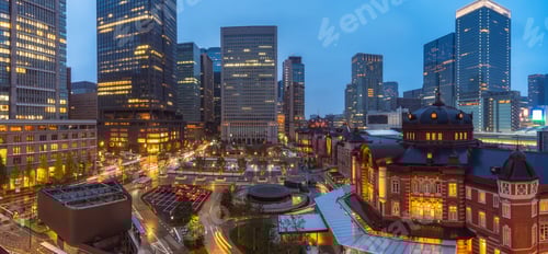 Preview: Panorama Cityscape Scene of Tokyo railway station from terrace at twilight time,
