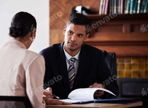 Preview: Contract, signature and attorney consulting a client in his office with legal paperwork or agreemen