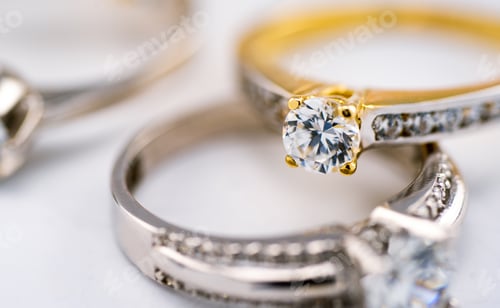 Preview: Engagement diamond wedding ring group on white background, diamond, golden rings