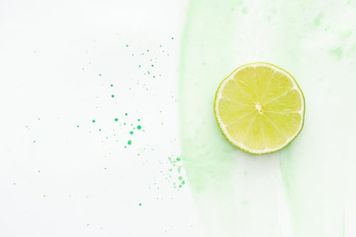 Preview: elevated view of piece of ripe lime on white surface with green watercolor