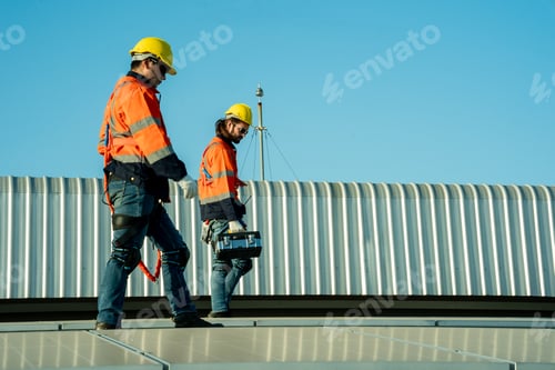 Preview: Engineer working setup Solar panel at the roof top. Engineer or worker work on solar panels or solar