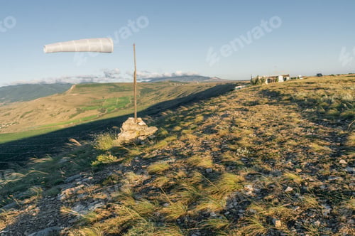 Preview: Beautiful mountainous landscape with windsock waving in Crimea, Ukraine, May 2013