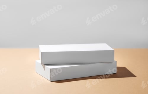 Preview: Empty podium for product. Minimal two white boxes on a beige background with hard shadow.