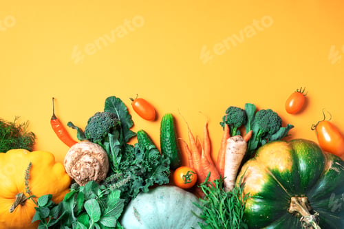 Preview: Autumn vegetables on trendy yellow background. Top view. Vegan and vegetarian diet, harvest concept