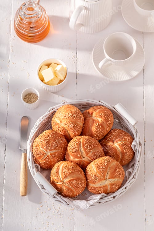 Preview: Tasty Kaiser buns with sesame , freshly baked.