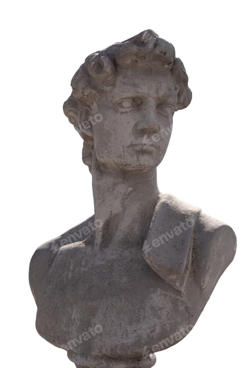 Preview: Close up of ancient stone sculpture of man's bust on white background
