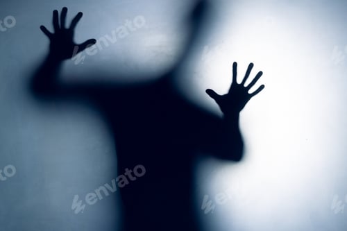 Preview: Composition of black silhouette of man with shadows on white background