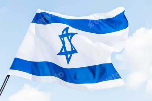 Preview: low angle view of national israel flag with star of david against blue sky