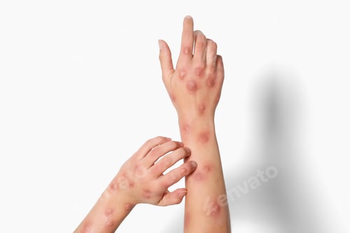 Preview: Woman with rash suffering from monkeypox virus on white background, closeup