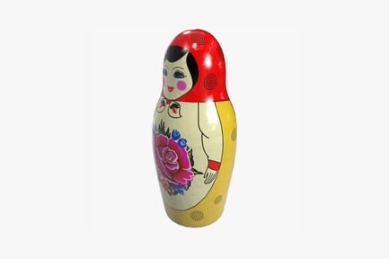 Preview: Cylindrical wooden nesting doll with floral and portrait decoration