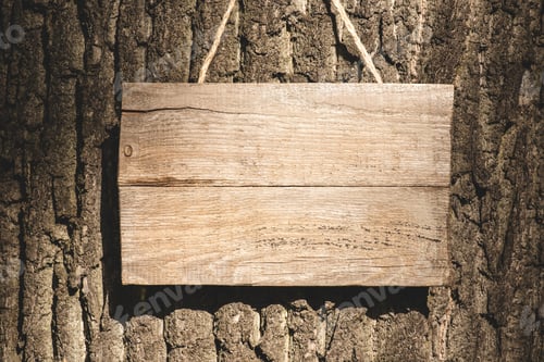 Preview: empty wooden board hanging on grey bark of tree
