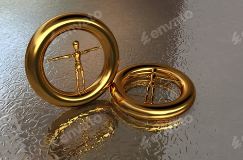 Preview: 3D illustration of jewelry in the form of figures of people inside the gold rings on the water
