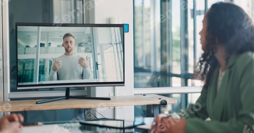 Preview: Discussion, team and video conference with screen and business people, online with business meeting