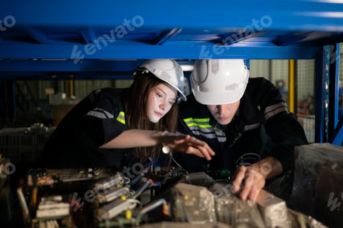 Preview: A young female engineer and a male supervisor work together in robotic arm spare parts warehouse,