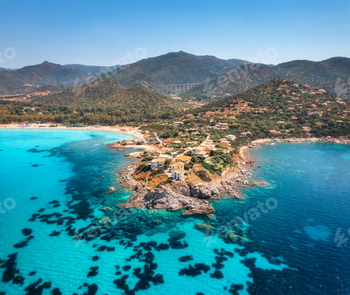 Preview: Aerial view of island, sea bay, yachts and boats at sunny day