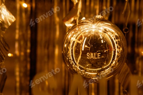 Preview: Golden Christmas ball with the word SALE in the shop window