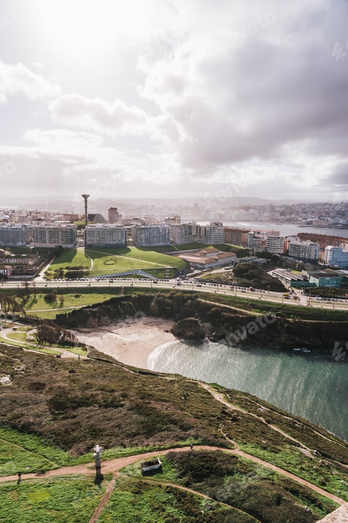 Preview: Aerial view of A Coruna cityscape from the tower of hercules with coastline and beach