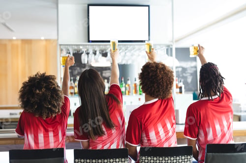 Preview: Diverse group of male and female sports fans raising glasses and watching game at bar